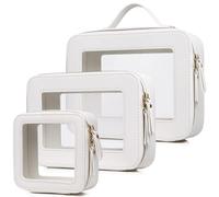 LOFOWN Clear Makeup Bag Set 3 Piece Travel Case for Cosmetics and Toiletries Women's Makeup Organizer and Car Essential with Zipper, White, L+M+MINI, Clear Makeup Set