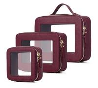 LOFOWN Clear Makeup Bag Set 3 Piece Travel Case for Cosmetics and Toiletries Women's Makeup Organizer and Car Essential with Zipper, Burgundy, L+M+MINI, Clear Makeup Set