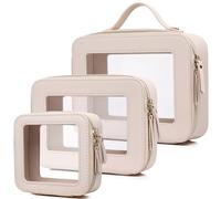 LOFOWN Clear Makeup Bag Set 3 Piece Travel Case for Cosmetics and Toiletries Women's Makeup Organizer and Car Essential with Zipper, Beige, L+M+MINI, Clear Makeup Set