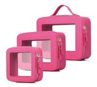 LOFOWN Clear Makeup Bag Set 3 Piece Travel Case for Cosmetics and Toiletries Women's Makeup Organizer and Car Essential with Zipper (Fuxia, L+M+MINI)