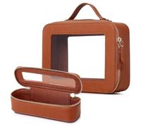 LOFOWN Clear Makeup Bag Small Cosmetic & Toiletry Bag Waterproof Travel Case Women's Pouch Organizer Makeup Bag for Car with Zipper, Brown, L+Slim, Travel Makeup Bag Set