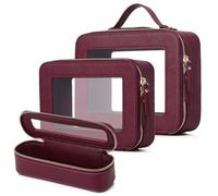 LOFOWN Clear Travel Makeup Bag with Brush Bag Portable Transparent Cosmetic Bag and Toiletry Bag Waterproof Clear Makeup Bag with Zipper Car Bag for Women, Burgundy, L+M+SLIM, Travel Makeup Bag for