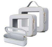 LOFOWN Clear Travel Makeup Bag with Brush Bag Portable Transparent Cosmetic Bag and Toiletry Bag Waterproof Clear Makeup Bag with Zipper Car Bag for Women, Gray, L+M+SLIM, Travel Makeup Bag for Women