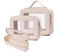 LOFOWN Clear Travel Makeup Bag with Brush Bag Portable Transparent Cosmetic Bag and Toiletry Bag Waterproof Clear Makeup Bag with Zipper Car Bag for Women, Beige, L+M+SLIM, Travel Toiletry Bag for