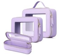 LOFOWN Clear Travel Makeup Bag with Brush Bag Portable Transparent Cosmetic Bag and Toiletry Bag Waterproof Clear Makeup Bag with Zipper Car Bag for Women, Purple, L+M+SLIM, Travel Makeup Bag for