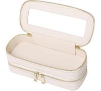 LOFOWN Double Layer Makeup Bag Makeup Brush Case Waterproof Travel Cosmetic & Toiletry Bag Purse Organizer and Car Essentials for Women, Beige, 2-Layer SLIM, Slim Makeup Bag