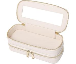 LOFOWN Double Layer Makeup Bag Makeup Brush Case Waterproof Travel Cosmetic & Toiletry Bag Purse Organizer and Car Essentials for Women, Beige, 2-Layer SLIM, Slim Makeup Bag