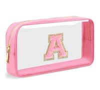 LOFOWN Initial Clear Makeup Bag Small Cosmetic Bag Travel Toiletry Bag Clear Zipper Pouch Purse Organizer Bags for Women, PINK-M, A, Initial Makeup Bag