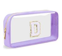 LOFOWN Initial Clear Makeup Bag Small Cosmetic Bag Travel Toiletry Bag Clear Zipper Pouch Purse Organizer Bags for Women, Purple-M, D, Initial Makeup Bag