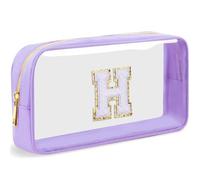 LOFOWN Initial Clear Makeup Bag Small Cosmetic Bag Travel Toiletry Bag Clear Zipper Pouch Purse Organizer Bags for Women, Purple-M, H, Initial Makeup Bag