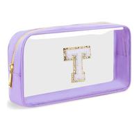 LOFOWN Initial Clear Makeup Bag Small Cosmetic Bag Travel Toiletry Bag Clear Zipper Pouch Purse Organizer Bags for Women, Purple-M, T, Initial Makeup Bag