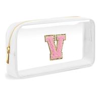 LOFOWN Initial Clear Makeup Bag Small Cosmetic Bag Travel Toiletry Bag Clear Zipper Pouch Purse Organizer Bags for Women, White-M, V, Initial Makeup Bag