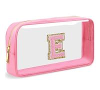 LOFOWN Initial Clear Makeup Bag Small Cosmetic Bag Travel Toiletry Bag Clear Zipper Pouch Purse Organizer Bags for Women, PINK-M, E, Initial Makeup Bag