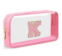LOFOWN Initial Clear Makeup Bag Small Cosmetic Bag Travel Toiletry Bag Clear Zipper Pouch Purse Organizer Bags for Women, PINK-M, K, Initial Makeup Bag