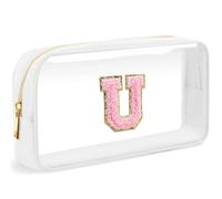 LOFOWN Initial Clear Makeup Bag Small Cosmetic Bag Travel Toiletry Bag Clear Zipper Pouch Purse Organizer Bags for Women, White-M, U, Initial Makeup Bag