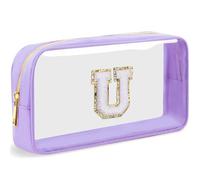 LOFOWN Initial Clear Makeup Bag Small Cosmetic Bag Travel Toiletry Bag Clear Zipper Pouch Purse Organizer Bags for Women, Purple-M, U, Initial Makeup Bag