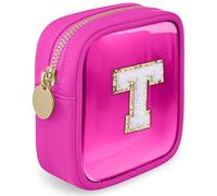 LOFOWN Initial Clear Makeup Bag Small Cosmetic Bag Travel Toiletry Bag Clear Zipper Pouch Purse Organizer Bags for Women, Fuxia, T, Initial Clear Makeup Bag