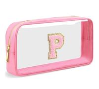 LOFOWN Initial Clear Makeup Bag Small Cosmetic Bag Travel Toiletry Bag Clear Zipper Pouch Purse Organizer Bags for Women, PINK-M, P, Initial Makeup Bag