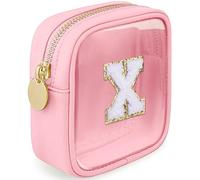 LOFOWN Initial Clear Makeup Bag Small Cosmetic Bag Travel Toiletry Bag Clear Zipper Pouch Purse Organizer Bags for Women, Pink, X, Initial Small Makeup Bag