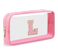 LOFOWN Initial Clear Makeup Bag Small Cosmetic Bag Travel Toiletry Bag Clear Zipper Pouch Purse Organizer Bags for Women, PINK-M, L, Initial Makeup Bag
