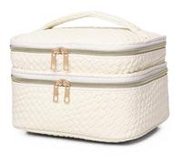 LOFOWN Large Makeup Bag for Women Double Layer Cosmetic Bag with Jewelry Organizer Compartment Waterproof Travel Toiletry Bag, B/White, Double Layer Makeup and Jewelry Travel Bag