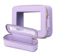 LOFOWN Travel Makeup Bag with Mirror, Double Compartment Cosmetic Case, Black Saffiano Leather, Gold Zipper, E/Purple, M+Slim, Clear Travel Makeup Bag