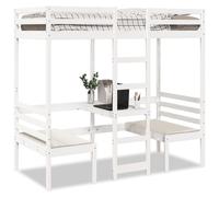 Loft bed frame solid pinewood white 75x190cm with desk & 2 chairs slatted bases