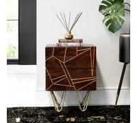 Loft Solid Dark Mango Wood Gold Embossed Metal Legs 2 Drawers Side Table