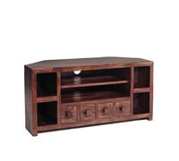 Loft Solid Mango Wood Corner Entertainment Tv Unit With Shelves And 4 Drawers