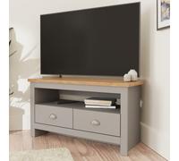 loftus wooden corner tv stand with 2 drawers in grey and oak