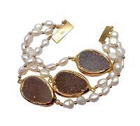 LOFWSGPRX 3 Strands White Baroque Freshwater Pearl Teardrop Quartz rough statement Bracelet 8"