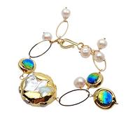 LOFWSGPRX Freshwater Cultured 30mm White Keshi Pearl 16mm Blue Murano Glass Bracelet 8"