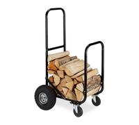Relaxdays Log Holder Cart, 2 Tyres and 2 Castors, up to 60 kg, Steel Firewood Trolley, Wood Transport & Storage, Black, 107.5 x 52 x 58 cm