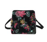 Logan Printed Velvet Boho Shoulder Bag, Floral Design, Adjustable Strap, 30 x 24 x 10 cm, Black/Teal/Plum (Black)