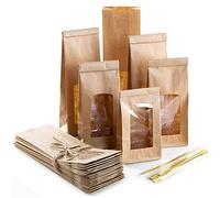 Logbuch-Verlag 50 Brown Kraft Paper Bags with Foil Lining and Viewing Window, 8.5 x 5 x 26.5 cm, Disposable, Block Bottom Construction, Fold Top Closure, Ideal for Food Packaging