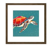 Loggerhead Turtle Red Blue Shell Animal Watercolour Ink Stamp Square Wooden Framed Wall Art Print Picture 8X8 Inch Artery8 Brown One Size