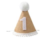 loghohu 1st Birthday Hat, First Birthday Hat with Elastic Straps Khaki Handmade Linen One Birthdays Cone Hats for Girls Boys Birthdays Party Headwear Photo Prop
