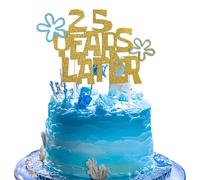loghohu 25 Years Later Birthday Cake Topper, Gold Glitter 25th Birthday Cake Toppers 25th Anniversary Decorations Blue-flowers Cartoon Under the Sea Theme Party