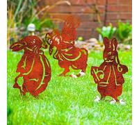 LOGI 3 Rabbits Garden Stakes Set - Easter Bunny Spike Metal Lawn Decor White Rabbit Yard Art Hare Garden Ornament Statue for Pot Planter Flower Bed (Natural)