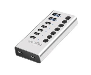 LogiLink UA0447 - USB 3.2 Gen1 Hub with 7 Ports and Cable/Adapter, USB Type A and USB Type C, Power Switch, Aluminium