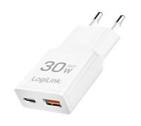 LogiLink USB Wall Charger. GaN. 2port. USB-AF & USB-CF. PD 30W. sl