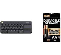 Logitech K400 Plus Wireless Livingroom Keyboard, QWERTY Spanish Layout - Black+Duracell NEW Optimum AA Alkaline Batteries [Pack of 4] 1.5 V LR6 MX1500