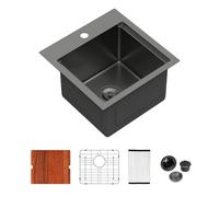 Logmey 15 Inch Black Drop in Bar Sink 15x15 16 Gauge Stainless Steel Workstation Kitchen Sink Single Bowl Topmount Sinks 15x15x9 Inches Overmount Kitchen Sink,Gun Black