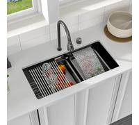 Logmey 30 Inch Undermount Kitchen Sink Black Waterfall with Faucet 30x17 Nano PVD Workstation Handmade Basin Gunmetal Black 16 Gauge Stainless Steel Single Bowl with Seperated Knob