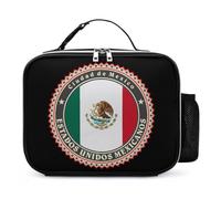 Logo of Mexico Flag Leather Lunch Bag Insulated Lunchbox Meal Tote Handbags with Detachable Buckled Handle