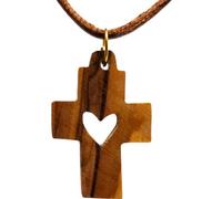 Logos Trading Post Heart Cross, Wooden Cross Necklace for Men & Women, Certified Holy Land Olive Wood Orthodox Pendant Necklace from Bethlehem Israel, Olive Wood, No Gemstone
