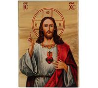 Logos Trading Post Jesus Christ Sacred Heart Full Color Icon from Israel, Holy Land Olive Wood Decor, Religious Standing Wooden Plaque, Catholic Art for Home or Church Altar Table, Made in Bethlehem