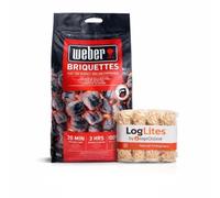 Logs Online 50 LogLites + 1 Bag of 8KG Charcoal Bundle | 8kg charcoal briquettes with natural fire starters. For charcoal BBQ grill cooking outdoors.