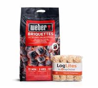 Logs Online BBQ Charcoal Bundle - Weber (3 Bags) 8KG Briquettes + 50 LogLites Firelighters - Barbecue Grill Accessories for Charcoal Grill Cooking & Fire Starters