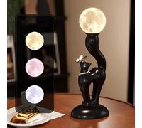 LOGT 3D Moonlight Table Lamp, LED Moon Lamp with Cat Stand Table Light 3 Colour Temperatures Cute Pet Decorative Light Indoor Black Battery Lamplight USB Charging for Home, Office, Bedroom, Gifts